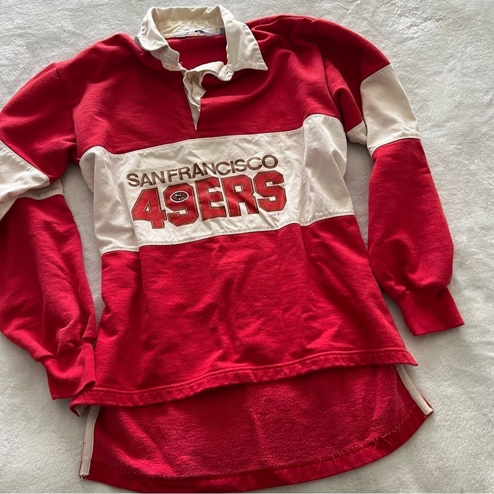 VTG LOGO 7 San Francisco 49ers Rugby Striped High Low Pullover Collared Sweater
